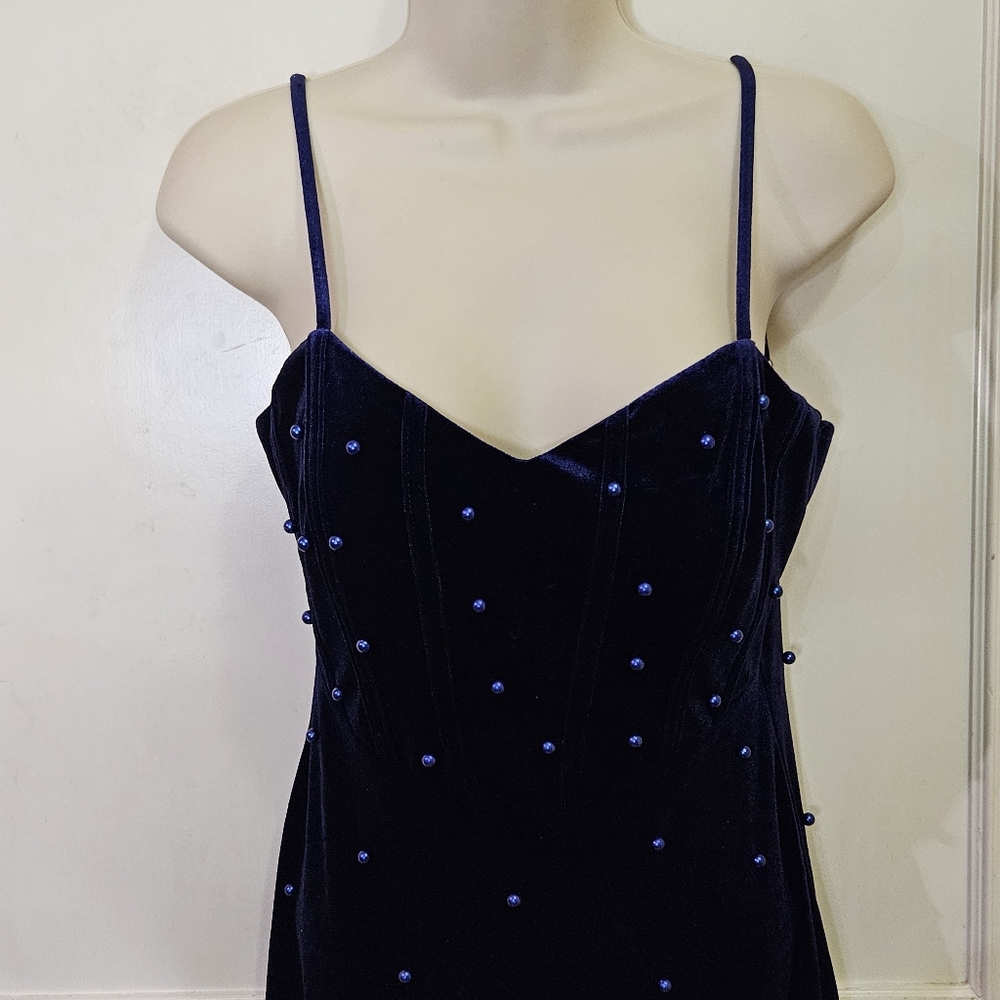 Windsor Navy Blue Velvet Beaded Embellished Asymmetrical Midi Dress,Large - Picture 5 of 16
